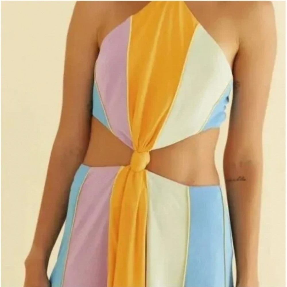 Farm Rio Colorblock Cutout Halter Maxi Dress Multi Color Open Back Boho Summer - Picture 7 of 8